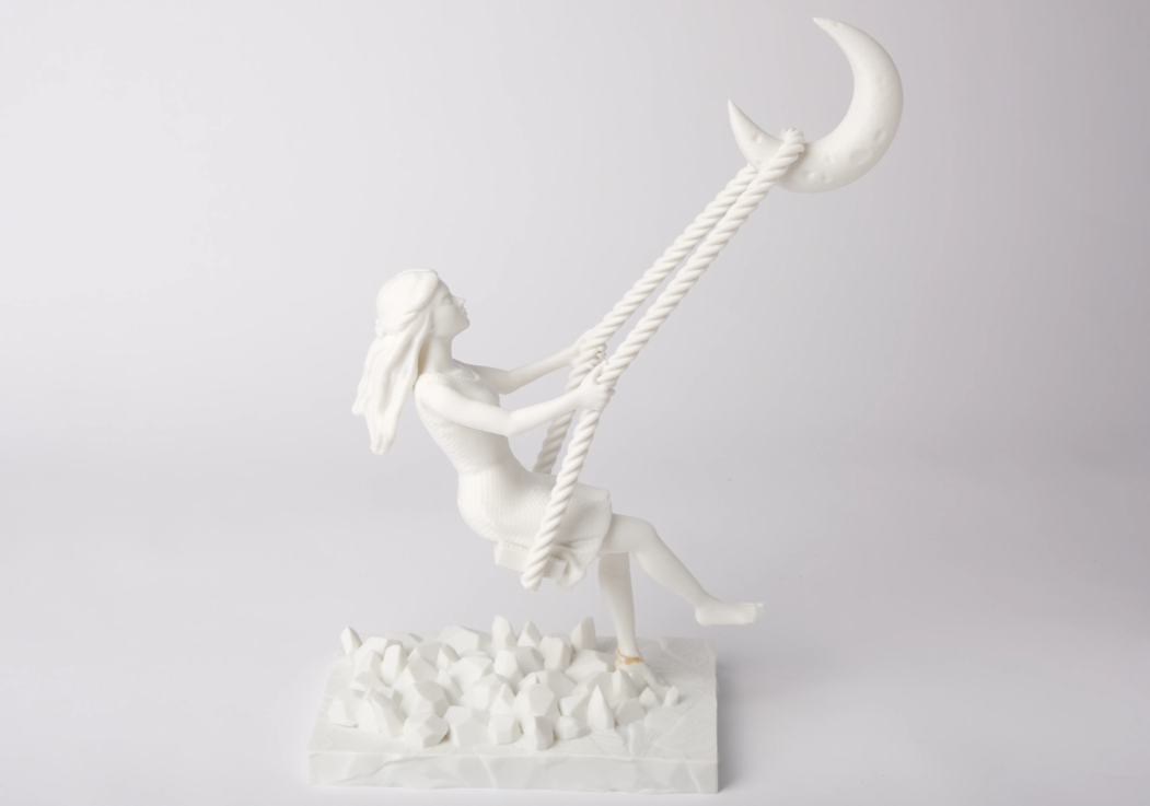 3D Printed Swing to the Moon Sculpture – Crescent Moon Figurine | Home Décor
