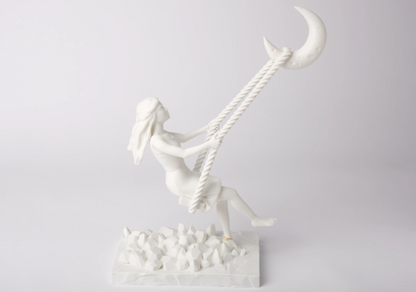 3D Printed Swing to the Moon Sculpture – Crescent Moon Figurine | Home Décor