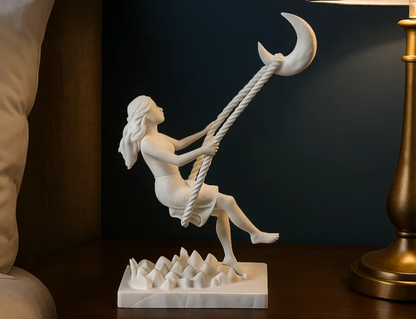 3D Printed Swing to the Moon Sculpture – Crescent Moon Figurine | Home Décor